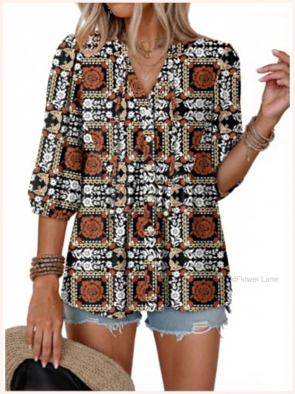 Boho Floral Button Down V Neck Peplum Babydoll Blouse Short Sleeve